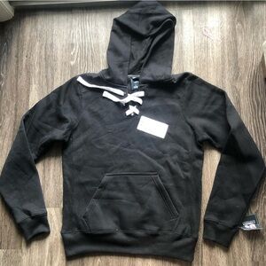 NWT J. America Black Sport Lace Hooded Sweatshirt - Hockey Lace Up Hoodie Size S